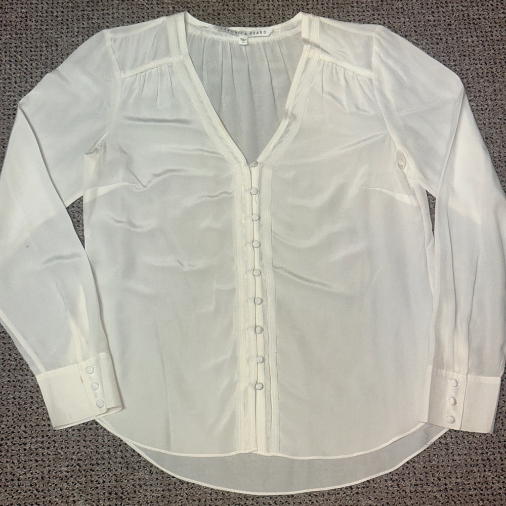 Veronica Beard Ivory Silk Blend V-Neck Button Front Blouse Top Size 10